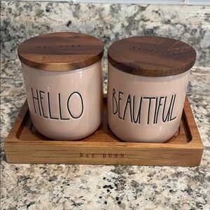 Rae Dunn Blush Duo cups with Wooden Tray